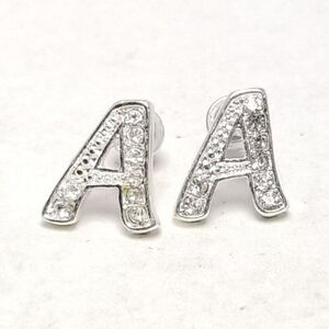 Letter A Stud Earrings, Rhinestone Silver Tone Monogram Initial, Estate
